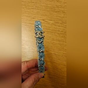 Elegant Denim Blue Headband With Iconic Silver Chain And Upcycled Charm